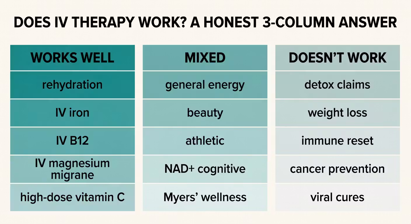 Does IV therapy work Baltimore infographic showing what works, what is mixed, what does not